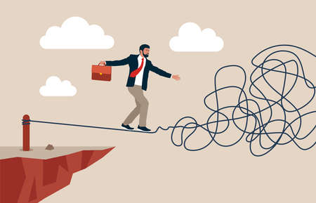 Businessman walking on twisted rope high in skyのイラスト素材