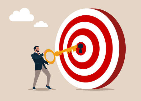 Businessman putting golden key into bullseye target key hold to unlock business success. Key to success and achieve business target, career achievementのイラスト素材
