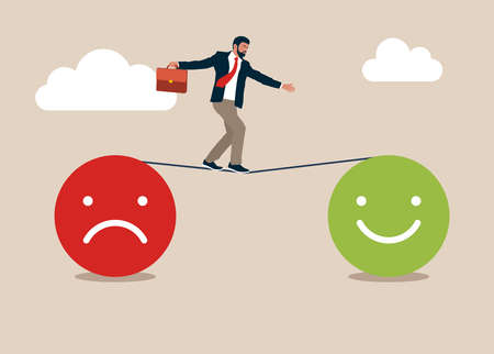 Depressed man walk the line from sadness to smile face. Relaxation make anxiety or stressed to happy, optimistic relief or metal illness therapy, bipolar disorder.のイラスト素材