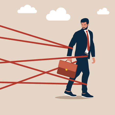 Businessman tied up with red tape trying to run away with full effort. Business difficulty or struggle with career obstacle, limitation and trap or challenge to overcome to successのイラスト素材