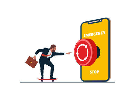 Cautious entrepreneur running in hurry to push red emergency button. Push button call for emergency...