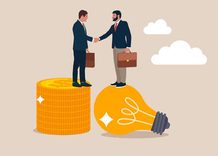 Businessman standing on light bulb idea lamp shaking hands with Von money coins stack. Idea pitching, fundraising and venture capital, selling business or merger agreement conceptのイラスト素材