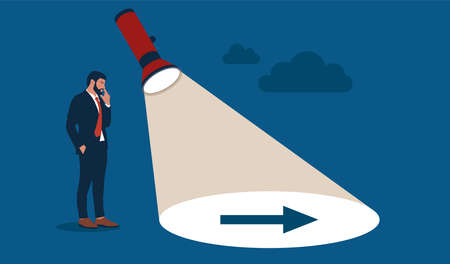 Uncovering direction. Flashlight uncovering hidden arrow sign. business vector illustrationのイラスト素材