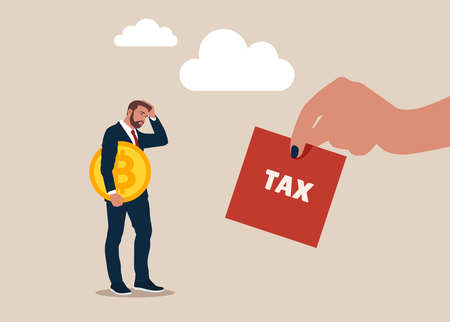 Investor holding bitcoin surprised by government hand issue tax bill. Government make crypto investor to pay tax for capital gain or profit concept.のイラスト素材