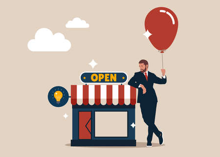 Entrepreneur standing with his new opening company or store front. Owner and entrepreneur start small business or retail shop, open store front or online shop concept.のイラスト素材