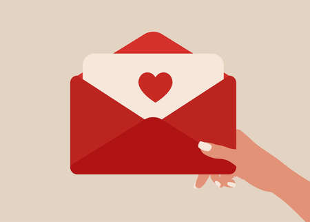 Hand holding envelope with love letter. Symbol of Valentine's day. wedding invitation. Vector illustration in flat style modern design.のイラスト素材