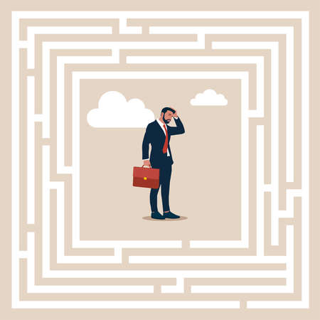 Solving problems. Businessman thinking how to pass the maze. Choose the right path. Flat design vector concept illustration. vector clipart. business conceptのイラスト素材