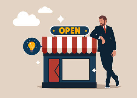 Businessman standing with his new opening company or store front. Owner and entrepreneur start small business or retail shop, open store front or online shop concept.のイラスト素材
