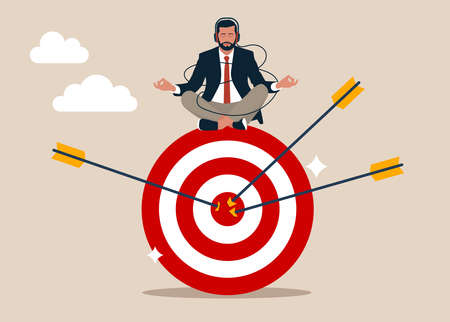 Peaceful businessman meditate sitting and focusing on big archer target. Stay focused and concentrate on business objective, relax meditation to eliminate distraction.のイラスト素材