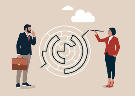 Businesswoman draw the line showing solution to solve labyrinth maze problem. Solution solving business problem, skill and intelligence to overcome difficult, challenge for leadersのイラスト素材