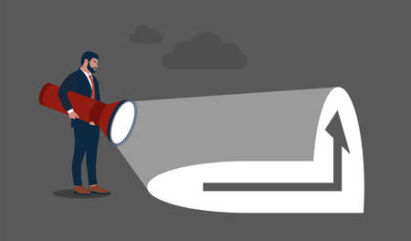 Uncovering direction. Flashlight uncovering hidden arrow sign. business vector illustrationのイラスト素材