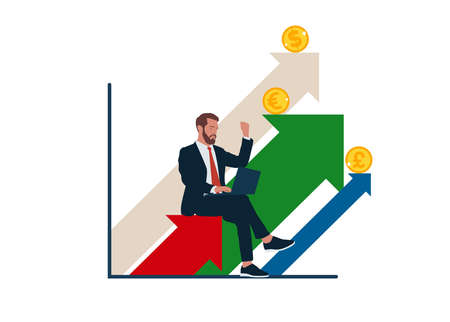 Businessman analyzing financial and investment data, business planning and strategy. Financier with growth graph and progress of business.のイラスト素材