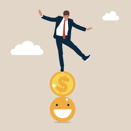 Entrepreneur balancing himself on stack of smile face and dollar coin. Balance between money and happiness, wealth and health, choosing meaningful life and real success.のイラスト素材