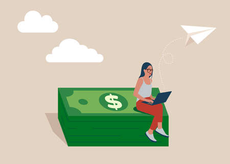 Woman working with computer laptop sitting on heap of dollar banknotes. Online business making money, investment return, salary or multi income stream, side hustleのイラスト素材