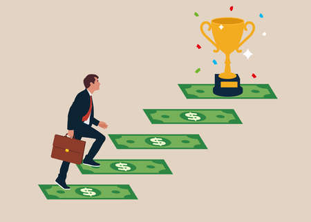 Entrepreneur climbs up money stair to achieve goal. Stairway to money success, financial independent or financial freedom, income growth or wealth managementのイラスト素材