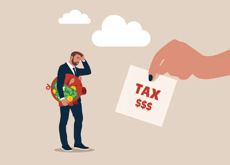 Businessman holding saving piggybank looking at tax bills. Tax burden or debt to pay for income tax, financial charge and duty to pay for government, accounting or bills.のイラスト素材