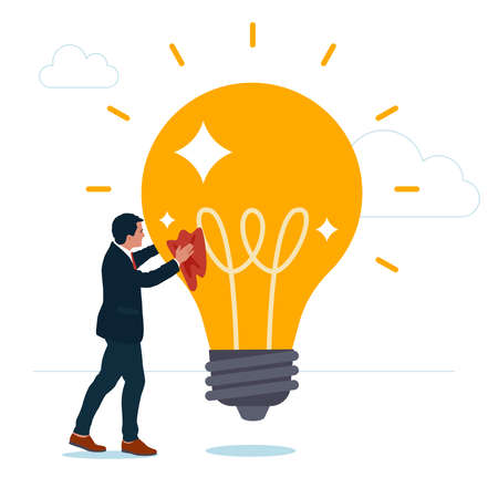 Smart entrepreneur cleans and polishes light bulb for best quality idea. Polishing idea or finalize to be perfect and best quality result, attention to details, craftsmanshipのイラスト素材