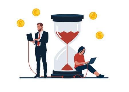 Time management, businessman computer connected to hourglass for workのイラスト素材