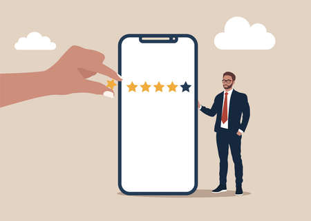 Man standing with smartphone with giant hand rating five stars. Customer experience or customer review by giving rating 5 stars, feedback from people who use service or applicationのイラスト素材