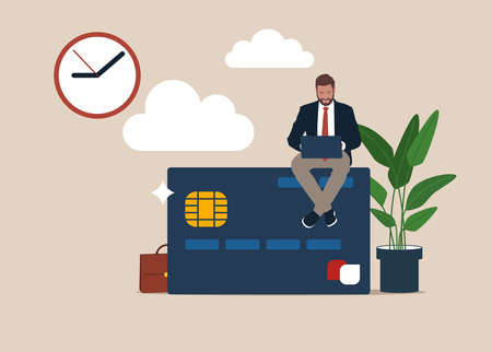 Credit card or contactless payment business. Vector flat illustration of man using computer laptop sitting on top of a credit card shopping online.のイラスト素材