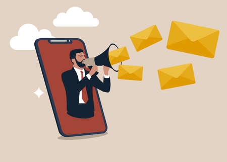 Man on smartphone using megaphone to send flying email newsletter online. Email marketing campaign, subscription newsletter or online announcement to customer, digital advertising.のイラスト素材
