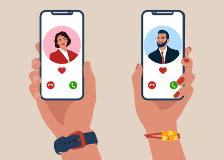 Male and female hands holding smartphones with portraits of man and woman on screens. Social mobile application for dating, searching for romantic partner.のイラスト素材