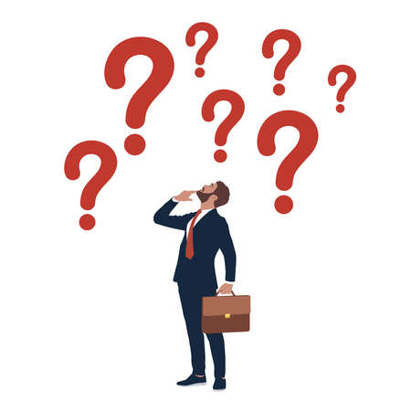 Frustrated businessman thinking and making decision with many question marks. Uncertainty, confusion and decision making, choosing options or choices, answer for question or solutionのイラスト素材