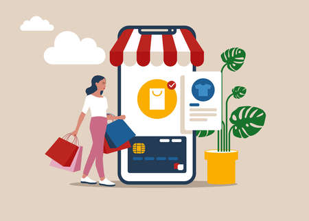 Modern flat design concept of online shopping with small people, mobile website development. UI and UX designのイラスト素材