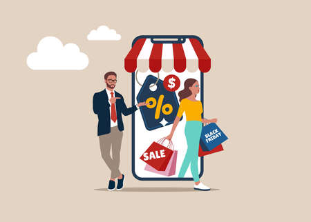 Women shop online store, promo purchase marketing. black friday shop.のイラスト素材