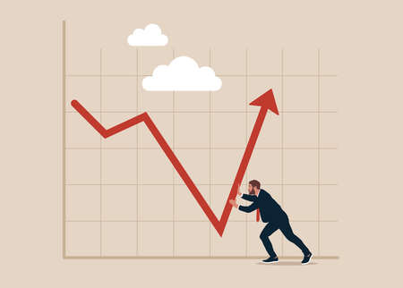 Businessman push arrow graph and chart to be back rising up. Leadership to lead business growth in market downturns, entrepreneur or investor skill to manage to earn more profit.のイラスト素材