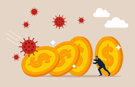 Businessman push coin from corona virus attack metaphor of loss. COVID-19 Coronavirus outbreak financial crisis help policy and business to survive concept.のイラスト素材