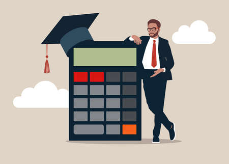Graduate student standing with mortar board hat calculator. Student loan calculation, education budget allocation, university expense and debt pay off or scholarship payment.のイラスト素材