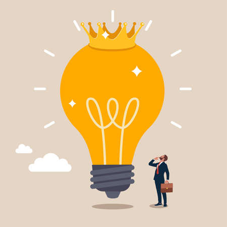 Glowing shiny lightbulb idea lamp wearing golden crown. Great and brilliant idea, creative genius or winner idea for business development.のイラスト素材