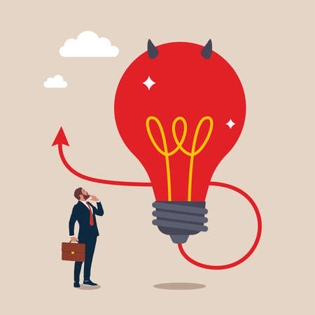Confused entrepreneur looking at devil lightbulb doubting it bad idea. Bad idea cause problem and failure, poor idea or stupid mistake, disappointment from rejected, evilのイラスト素材