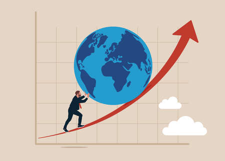 Entrepreneur push the world up rising up graph with full effort. Pushing world economic forward, international investment growth or company success in world business competition.のイラスト素材