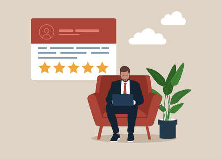 Consumer review for comment and rate a service or goods. Smiling businessman sitting with laptop reading testimonials or leaving comment. Customer feedback and rating 5 stars.のイラスト素材