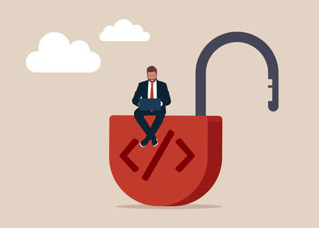 Software engineer working on unlock lock with coding symbol. Open source programming, digital products include permission to use the programming source code.のイラスト素材