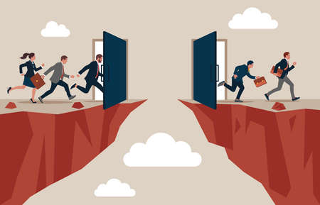Business portal and career opportunities concept as a magical surreal open door leading to an opportunity to cross a cliff opening as an entrance for business people.のイラスト素材