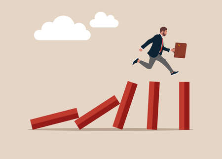 Strong businessman running away from falling dominoes effect.のイラスト素材