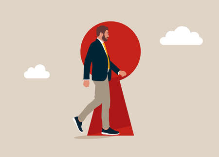 Businessman goes to keyhole door on big wall, concept business opportunity and challenges in the future. isometric vector illustration.のイラスト素材