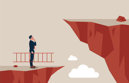 Entrepreneur holding ladder about to climb cross to higher cliff. Solution to solve problem, motivation for business growth, improvement or brave to overcome difficulty or obstacleのイラスト素材