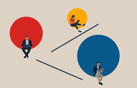 Corporate worker, businessman, writer, creator or blogger. Home office and online business meeting vector concept. Self isolation and social distancing in business.のイラスト素材