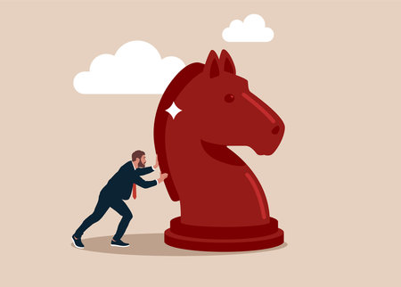 Business strategy and logic concept. Smart entrepreneur moving horse, playing game. Flat vector illustration isolated.のイラスト素材