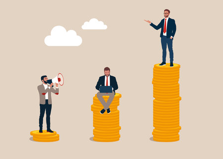 Entrepreneur poor, middle and rich worker standing on stack of their wealth coins. Income gap, inequality revenue in capitalism or career development to earn more incomeのイラスト素材