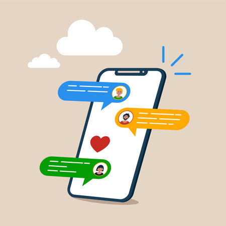 Smartphone sms speech bubbles push alerts on screen, digital or electronic chatting on cellphone. Online chat messages text notification on mobile phone.のイラスト素材