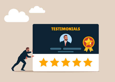 Entrepreneur pushing testimonial card with good reviews. Testimonials client review, customer praise or opinion or feedback giving 5 stars rating, message or positive comment.のイラスト素材