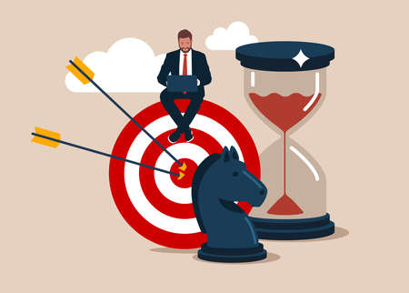 Entrepreneur working with computer sit on target with chess knight and sandglass. Business strategy, planning to achieve goal, management for company growth opportunity.のイラスト素材
