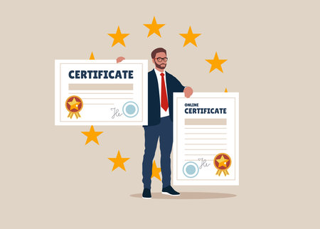 Man holding or getting a certificate and award paper. prize and appreciation concept, best graduate, cum laude. flat design. can be used for elements, landing pages, UI, charactersのイラスト素材