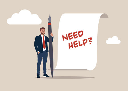 Entrepreneur holding holding pen thinking about "Need help?" written in red on notepad.のイラスト素材
