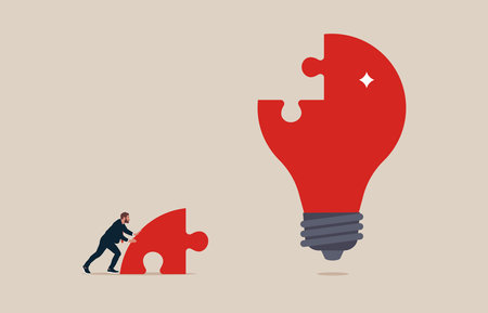 Finishing lightbulb with jigsaw puzzle. business creativity. Symbol of inspiration, creative thinking. Vector illustration concept.のイラスト素材